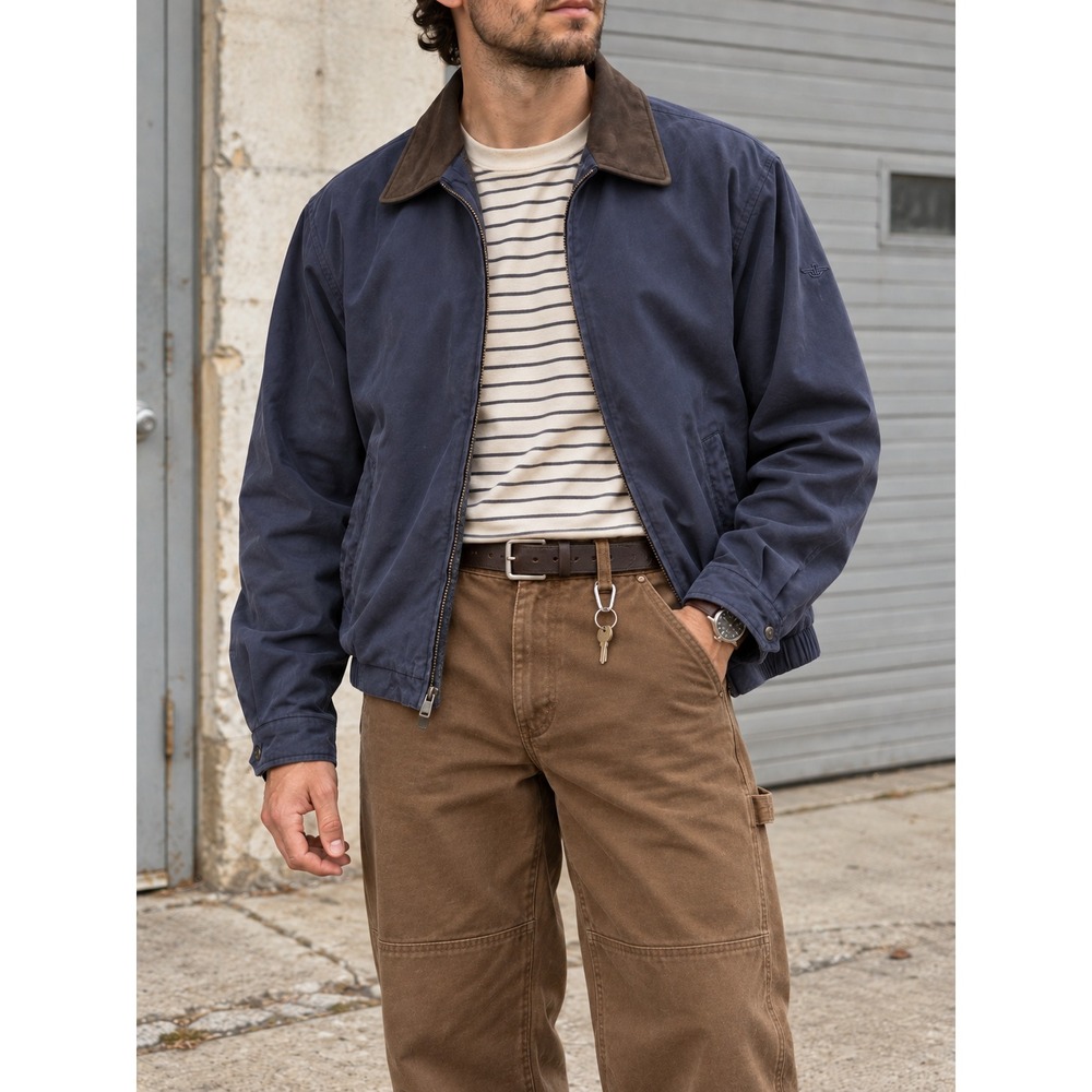 Navy Bomber Jacket XL Dockers Leather Collar Grandpa Workwear Chore Barncore